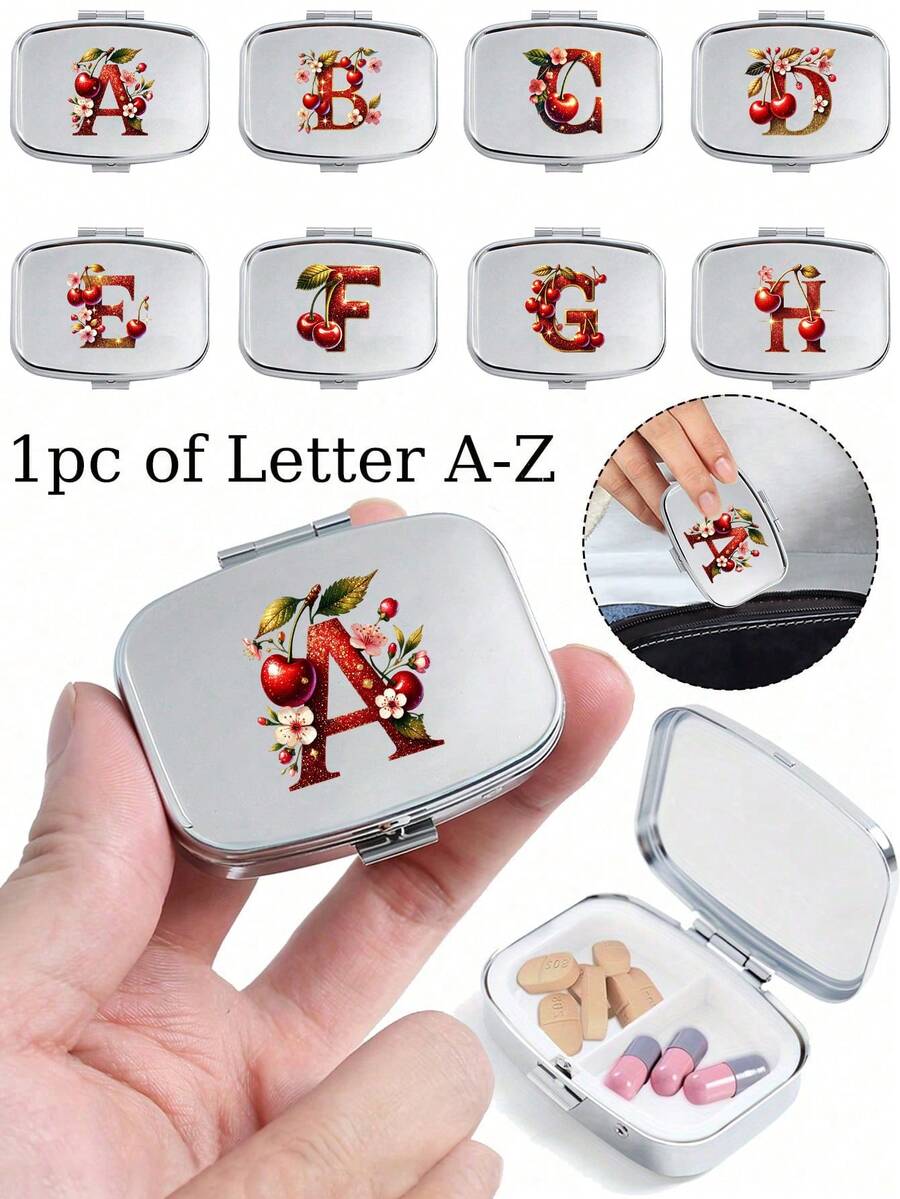 Cherry Glitter Red Letter Pattern Square Pill Box, Portable Pill Box With Compartments, Mini Metal Storage Box, Portable Jewelry Pill Box, Personalized Creative Gift, Customizable Name, Suitable For Travel, Outdoor Activities, Placing In Bags, Pockets, Can Be Used As Wedding Gift, Gift And Reception Decoration, Unique Design Decorative Travel Storage Box (Initial A-Z) - Multicolor - View 1