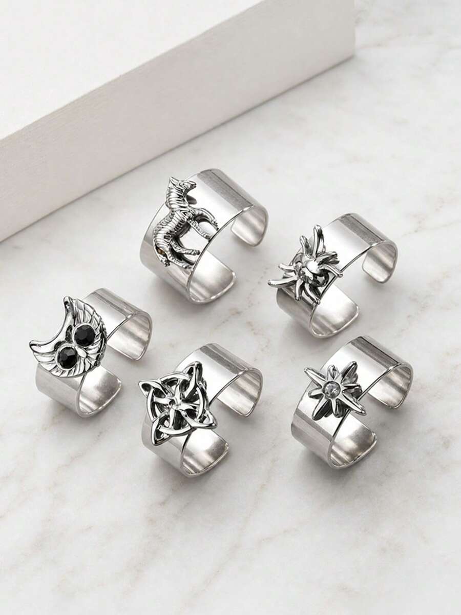 1pc Vintage Stainless Steel Animal Owl, Horse, Spider, Celtic Knot Open Ring For Men, Adjustable Size, Punk Style Jewelry, Daily Wear - Silver - View 1