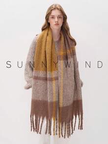 1pc Women's Casual Versatile Warm Polyester Plaid Scarf For Autumn/Winter Daily Use - Camel - View 1