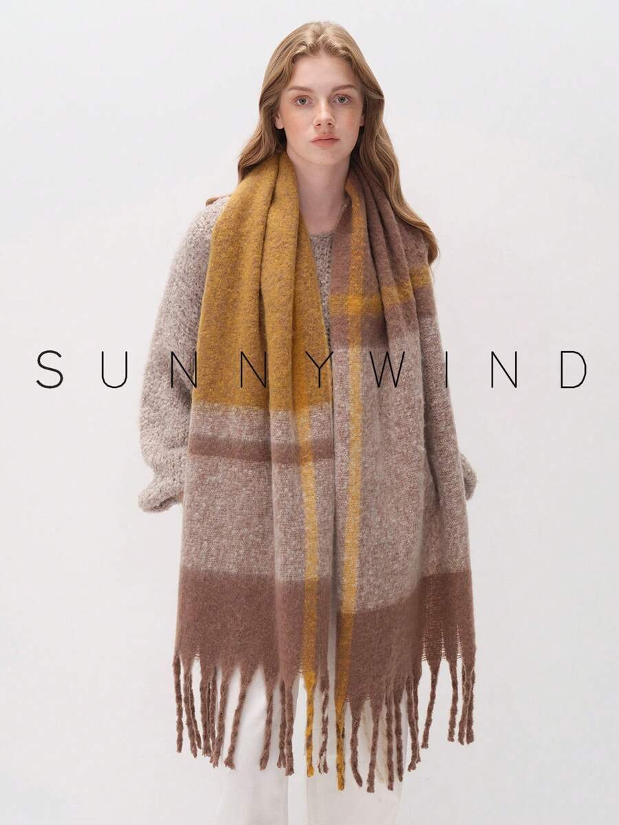 1pc Women's Casual Versatile Warm Polyester Plaid Scarf For Autumn/Winter Daily Use - Camel - View 1
