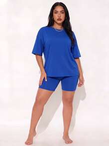 Casual Crew Neck T-Shirt And Shorts Set For Home - Blue - View 8