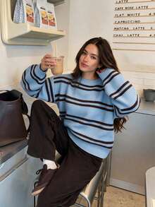Sweater Rajut Wanita Lengan Panjang, Motif Garis Biru Muda dan Cokelat, Sempurna untuk Mode Musim Gugur dan Musim Dingin - MultiWarna - View 3