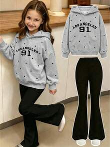 Tween Girls Los Angeles 91 Letter Polka Dot Hoodie + Black Flare Pants Set, Preppy Style - Multicolor - View 1
