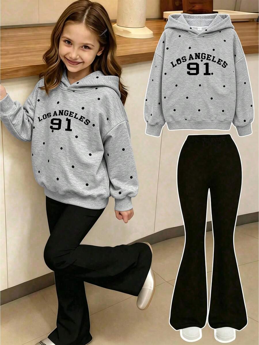 Tween Girls Los Angeles 91 Letter Polka Dot Hoodie + Black Flare Pants Set, Preppy Style - Multicolor - View 1