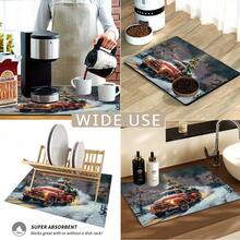 1pc Christmas Series Snow Scene Red Truck Homecoming Pattern Coffee Bar Mat, Diatom Mud Soft Bottom Drainage Mat, Soft Rubber Drainage Mat, Super Absorbent Wear-Resistant Dish Drying Mat, For Countertop Restaurant Kitchen Table Mat, Patio Dining Table Decor, Home Kitchen Supplies, Countertop Decorative Mat - Multicolor - View 6