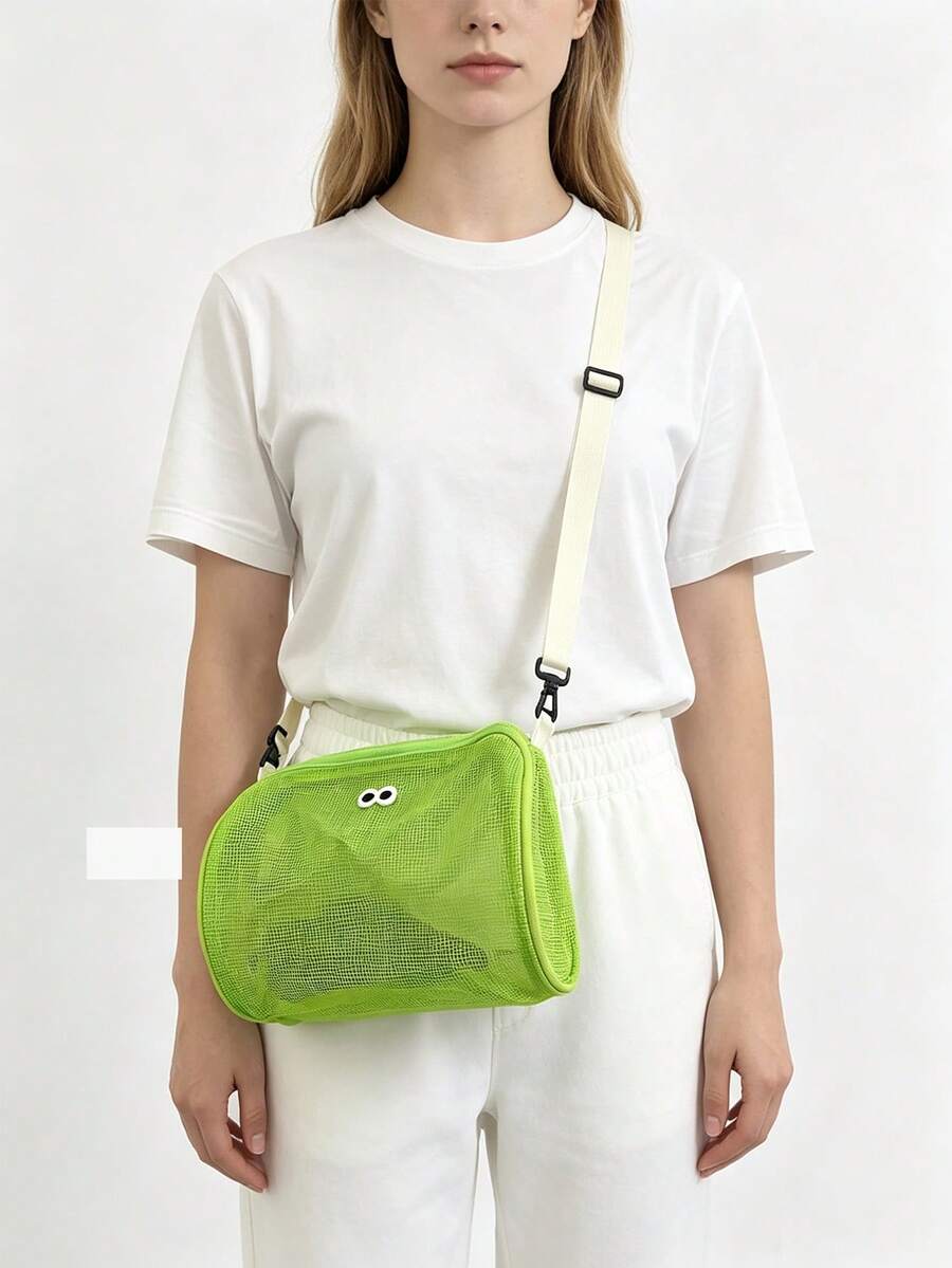 1pc Breathable Mesh Cylinder Toiletry Bag With Cute Eyes, Zipper Crossbody Shoulder Bag For Beach Travel Swimming - Multicolor - View 1