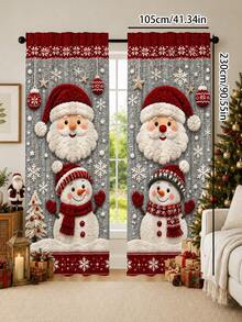 2Pcs Santa Claus & Snowman Christmas Snowflake Pattern Printed Semi-Sheer Rod Pocket Holiday Window Curtains, Cute Cartoon Design, Suitable For Living Room And Bedroom, Rod Not Included, Machine Washable - C - View 15