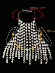 ZHENGHEN Y2K Shiny Sequin Fringe Personalized Top, Handmade Silver Disc Halter Body Chain, Exaggerated Electro Music Festival Street Style Outfit - Silver - View 5