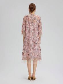Rich Radi Q's Elegant Women's Mid-Length V-Neck Dress, Embroidered Floral Design, Contrast Sequin And Semi-Sheer Lace Details, Suitable For Formal Occasions - Red Violet - View 4