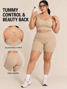 Oillpretty 2pcs Plus Size Women Seamless Ribbed Y-Back Adjustable Strap Sports Bra & High Waist Butt Lifting Shorts Fitness Set, Body Shaping Tummy Control Suitable For Gym Yoga Home Casual Halloween Women's Layering Base, Plus Size Bra And Panty Set Women's Underwear - Apricot - View 1