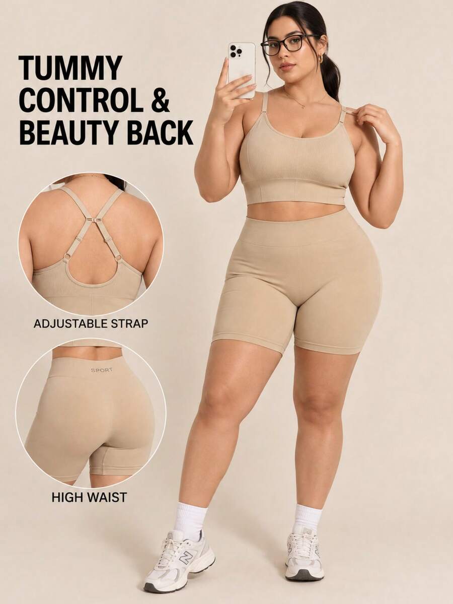 Oillpretty 2pcs Plus Size Women Seamless Ribbed Y-Back Adjustable Strap Sports Bra & High Waist Butt Lifting Shorts Fitness Set, Body Shaping Tummy Control Suitable For Gym Yoga Home Casual Halloween Women's Layering Base, Plus Size Bra And Panty Set Women's Underwear - Apricot - View 1