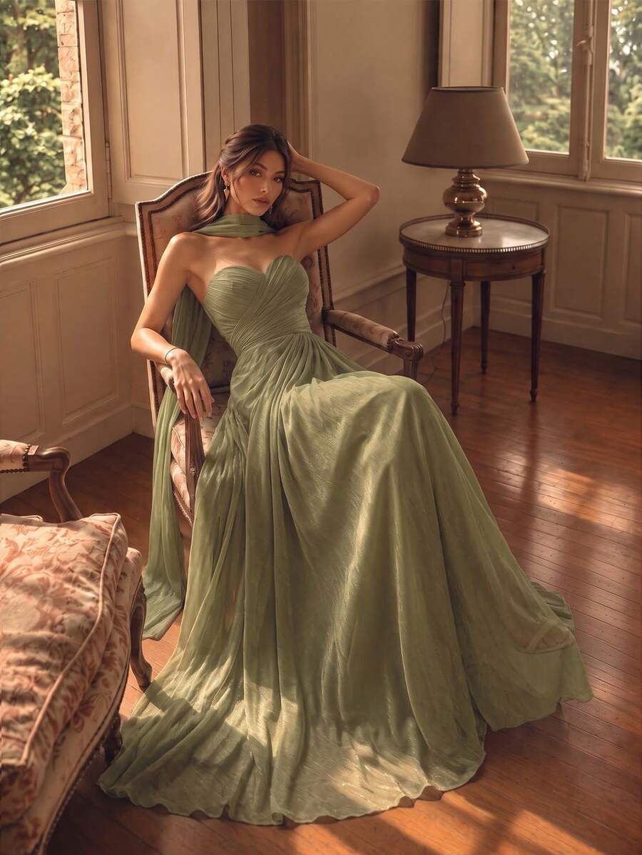 Smilprince 女款橄欖綠奢華掛脖雪紡拖尾荷葉邊飄逸正式晚禮服,春夏婚禮賓客派對特殊場合穿搭 - 橄欖綠 - 查看 1