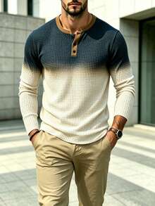 Men's Blue & Beige Gradient Waffle Knit Henley Long Sleeve Shirt, Notched Collar 3-Button Placket Textured Casual Top, Autumn Daily Wear - Multicolor - View 2