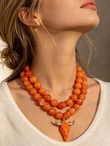 OABE 2pcs/Set Western Cowboy Style Orange Sphere Beaded Handmade Necklace With Orange Bull Head Pendant, Suitable For Women's Daily Wear - Orange - View 8