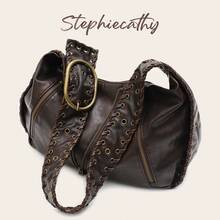 STEPHIECATHY Large Women's Shoulder Wide Woven Bag, PU Leather, Y2K Vintage Distressed Perforated Design, Adjustable Shoulder Strap, Zipper Decor, Pillow Style Bohemian Handbag, Suitable For Daily, Travel, Commute - Multicolor - View 3