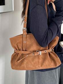 Women's Soft Tote Shoulder Bag, Metal Buckle Belt Decor Adjustable Strap Casual Large Capacity Handbag - Brown - View 6