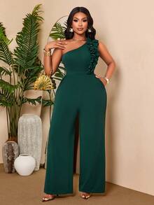 BIUBIU Elegant Emerald Green One Shoulder Plus Size Jumpsuit Featuring Sophisticated Ruffle Details And A Long Leg Design Perfect For Chic Evening Events - Dark Green - View 4