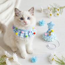 1 Set Pet Birthday Party Outfit, Interchangeable Gold Number Soft Plaid Fabric Adjustable Hat And Scarf, With Pom Pom Lace Decoration, Suitable For Dog Cat Puppy Kitten Birthday Party Photo Props - Multicolor - View 1