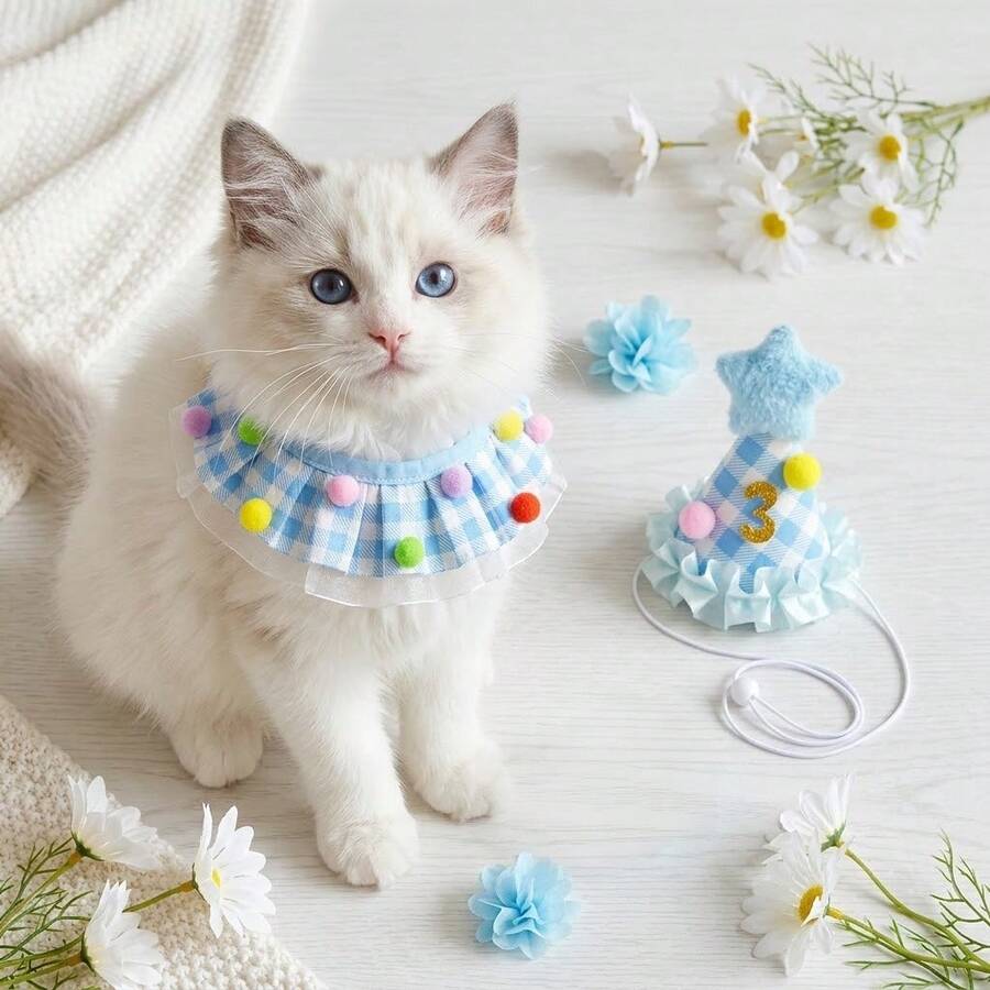 1 Set Pet Birthday Party Outfit, Interchangeable Gold Number Soft Plaid Fabric Adjustable Hat And Scarf, With Pom Pom Lace Decoration, Suitable For Dog Cat Puppy Kitten Birthday Party Photo Props - Multicolor - View 1