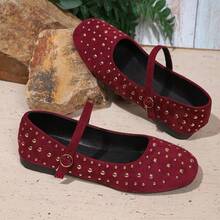 Women's Metal Rivet Decor Solid Color Square Toe Single Strap Flat Mary Jane Shoes, Retro Daily Spring/Summer Red Faux Leather Low Vamp Pumps - Burgundy - View 7