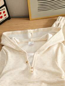 2pcs/Set Girls Casual Solid Color Patchwork Long Sleeve Hooded Lightweight Fabric 2-In-1 Sweatshirt & Solid Color Versatile Loose Pants Outdoor Outfit Spring/Autumn - Multicolor - View 6