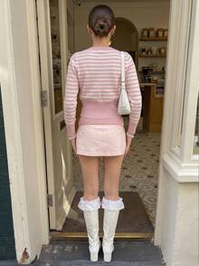 Fancy Everywear Women's Autumn/Winter Pink & White Striped Long Sleeve Button-Front Knit Cardigan, Elegant Versatile Y2K Style, Suitable For Outfits - Multicolor - View 11