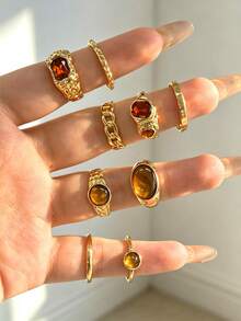 9pcs Multi-Layer Stackable Fashion Minimalist Elegant Exquisite Vintage Design Rhinestone Shiny Faux Tiger Eye Chain Geometric Ribbon Asymmetrical Pleated Texture Metal Style Chunky Rings Set, Holiday Vacation Party Date Gift, Daily Commute Wear, Personalized - Yellow Gold - View 2
