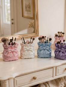 1pc Makeup Storage Cylinder, Satin Bow Vanity Storage Set, Makeup Brush Bag, Heart-Shaped Quilted Jewelry Box, High-Foot Ring Jewelry Tray, Exquisite Vanity Makeup Storage Supplies, Multiple Soft Macaron Colors Available (Suitable For Women And Girls), High-Value Desktop Decor, Women And Girls Gift, Suitable For Boutique Counter Display - Multicolor - View 9