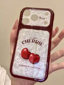 1PC American Vintage Lace Sweet Cherry English Print Phone Case, Ice Crackle Silver Glitter Base Burgundy Frame Lens Frame Full Coverage Anti-Drop Phone Case, Girly Versatile Phone Protective Shell Compatible With Apple 17/16/15/14/13/12/11/Pro/Pro Max Full Coverage Protective Shell, Perfect Gift For Friends, Family, Girlfriend, Boyfriend, Holiday Gift - Multicolor - View 4