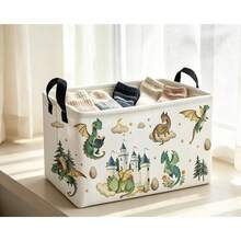 1pc Cute Dragon Castle Print Storage Basket With Handle, Collapsible Rectangular Fabric Storage Bin, Home Decor Organizer For Bedroom Closet - Beige - View 5