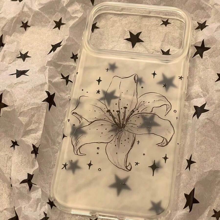 Ins Korean Style Minimalist Hand-Drawn Floral Phone Case Compatible With Apple 17 Pro Max, New 16, 15, Premium Silicone Shockproof Full Coverage Transparent Matte Soft Thin Protective Cover For Women - Clear - View 1