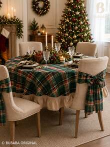 5pcs Set (1pc 150cm Width Square Tablecloth + 4pcs Bowknot Straps) Vintage Christmas Red Plaid Round Tablecloth With Beige Ruffle Edge, Farmhouse Style Holiday Dining Table Decor, Suitable For Christmas Party, Kitchen And Home - Green - View 8