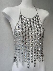 ZHENGHEN Y2K Shiny Sequin Fringe Personalized Top, Handmade Silver Disc Halter Body Chain, Exaggerated Electro Music Festival Street Style Outfit - Silver - View 9