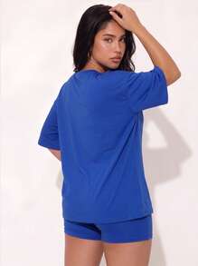 Casual Crew Neck T-Shirt And Shorts Set For Home - Blue - View 2