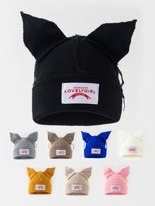 1 buah Topi Beanie Rajut Tanpa Pinggiran Pria Warna Polos Serbaguna dengan Patch Huruf dan Telinga Kucing, Topi Wol Hangat untuk Pemakaian Sehari-hari dan Pakaian Musim Gugur/Dingin - Warna-warni B - View 9