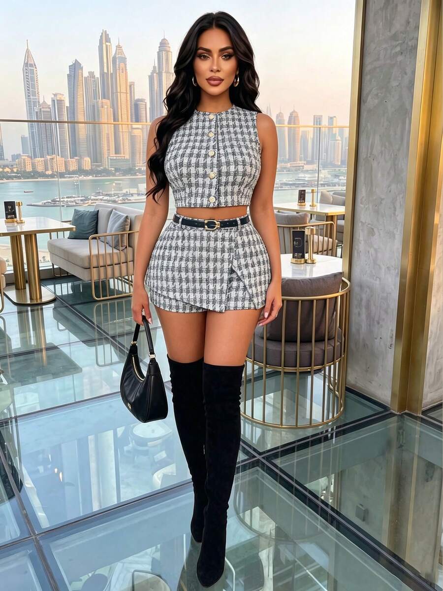 AIJ Women's Elegant Tweed Plaid Sleeveless Button-Up Cropped Top & Skort 2 Pieces Set, Black & Gray Plaid Elegant Office Workplace Date Outfit For Autumn/Winter - Black - View 1