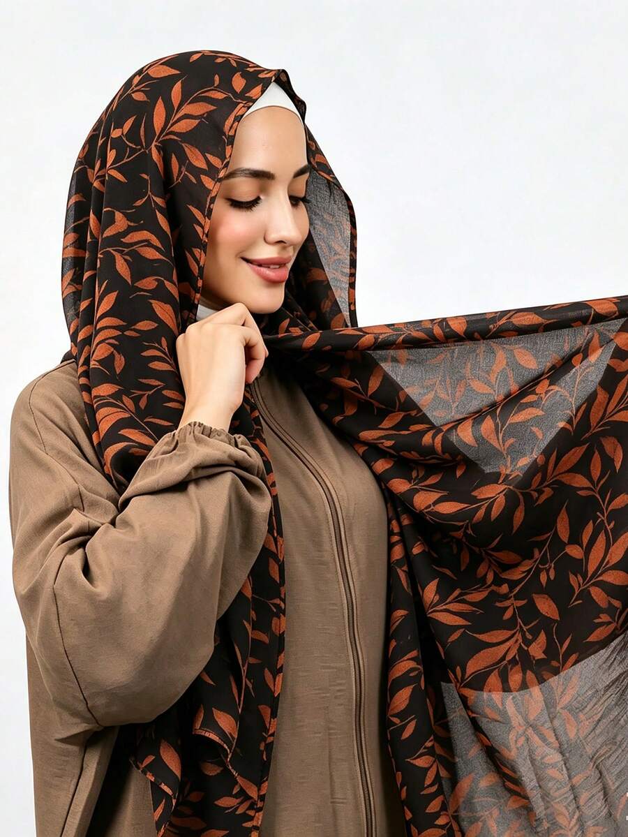 1pc New Printed Chiffon Muslim Hijab, Soft And Breathable Daily Wear Printed Scarf, Modest Hijab Shawl - #132 Caramel - View 1