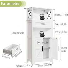 Despensa de Cocina Blanca 30x59.9x140 cm |   Gabinete de Almacenamiento de 55 Pulgadas con Puertas Cajón y Estantes Abiertos |   Diseño Rústico con Puertas Granero en X para Cocina y Comedor |   Fácil de Armar - Blanco - Ver 7
