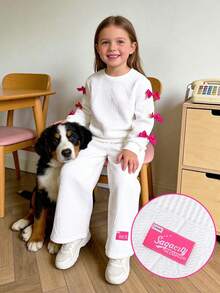 2pcs/Set Young Girl Solid Color Simple Design Cute Bow Decor Ivory White Long Sleeve Sweatshirt And Casual Loose Long Pants Set, Autumn - White - View 2