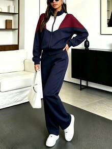Women 2 Pcs Color Block Tracksuit Set, Zip Up Stand Collar Jacket & Wide Leg Pants, Casual Sporty Fall Outfit, Streetwear Matching Set, Everyday Wear - Navy - View 3