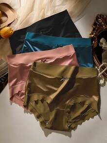 4pcs Luxury Satin Seamless Briefs For Women, Mid-Rise, Skin-Friendly Crotch, Sexy, Silky, Stretchy - Multicolor - View 2