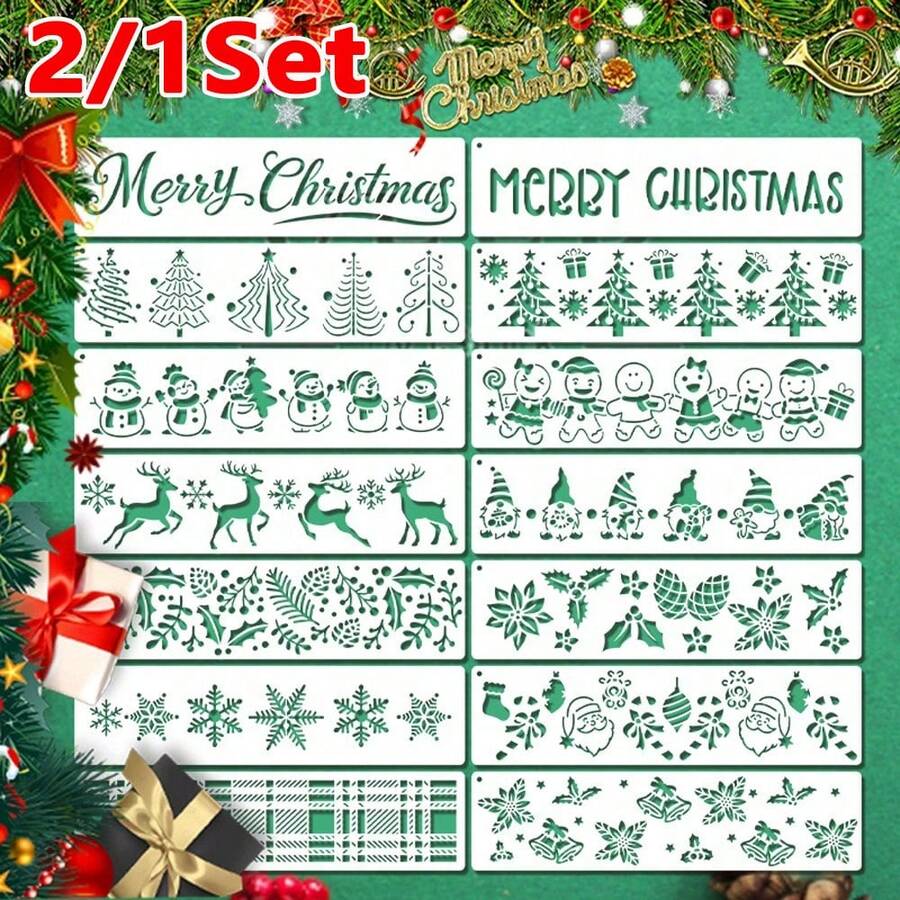 2/1 Set PET Christmas Long Strip Craft Stencils, Reusable Border Templates With Merry Christmas Letters, Santa Claus, Snowman, Christmas Tree, Snowflake And Gingerbread Man Hollow Design, Plastic Handmade Tool Set, Suitable For DIY Scrapbooking, Wall Decoration And Fabric Photo Album Cover - One Size Fits All - View 1