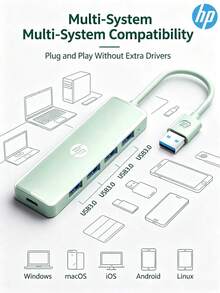 HP DHC-CT100D USB Hub, Multi-Port 3.0 High-Speed Data Transfer Desktop Expansion Hub, Converter For External USB Drives And Hard Drives, Compatible With Laptops, Desktops, MacOS, IOS, And Android - View 6