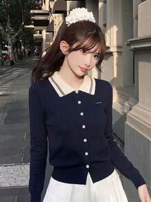 秋冬韓系甜美休閒風撞色翻領針織開襟外套 女款學院風青春感溫柔修身長袖上衣 秋季 - 藏青色 - 查看 3