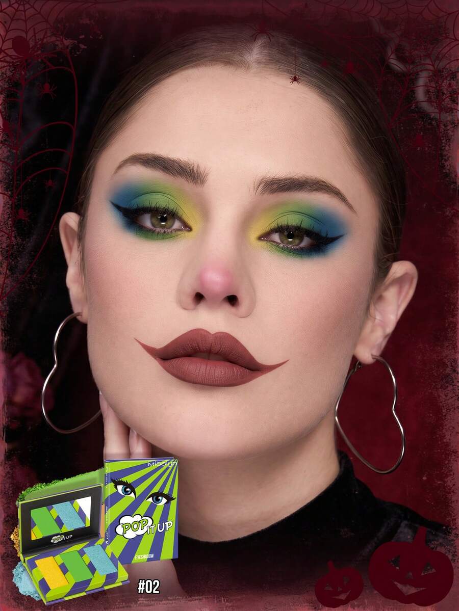 Misslyn 1 set eyeshadow UP 3 warna, kombinasi matte & glitter dengan cermin, riasan Halloween, hadiah untuk perjalanan sehari-hari. - #02 Peri Liar Hijau - View 1