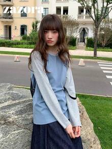 Contrast Color Print Raglan Sleeve T-Shirt, Autumn Korean Style Design Loose Fit Base Layer Top - Blue - View 8