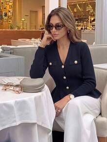Navy Blue Knitted Cardigan Women's Autumn/Winter New Style Gold Button Waist-Cinched Ruffle V-Neck Sweater Jacket Elegant Commuter Slimming Fall - Navy Blue - View 3