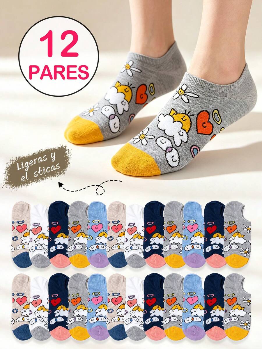 12 Pares de Calcetines Invisibles para Mujer, Coloridos con Estampados Originales y Estilosos, Cómodos y Versátiles para Uso Diario - Multicolor - Ver 1