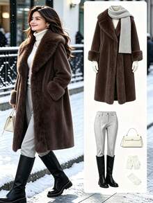 Women's Elegant Faux Fur Collar Jacket, Winter - Brown - View 3