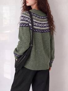 Women's New Autumn/Winter Vintage Pattern Crew Neck Pullover Sweater - Green - View 2